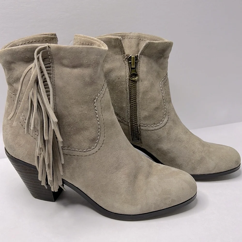 SAM EDELMAN Suede Ankle Booties Fringe Zip Up‎ Stacked Heel Size 10 Boho Western